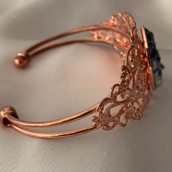 Rose Gold Floral Filigree Blue Agate Cuff Bracelet - Picture 7 of 9